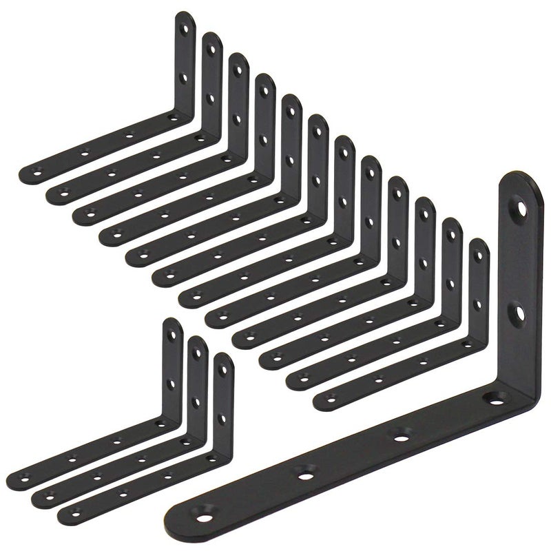 Luomorgo 16 Pcs L Shaped Brackets for Shelves - Heavy Duty Steel, Decorative Corner Brace Joint, Right Angle Wall Hanging Brackets with Screws, 5" x 3", Black - Image 1